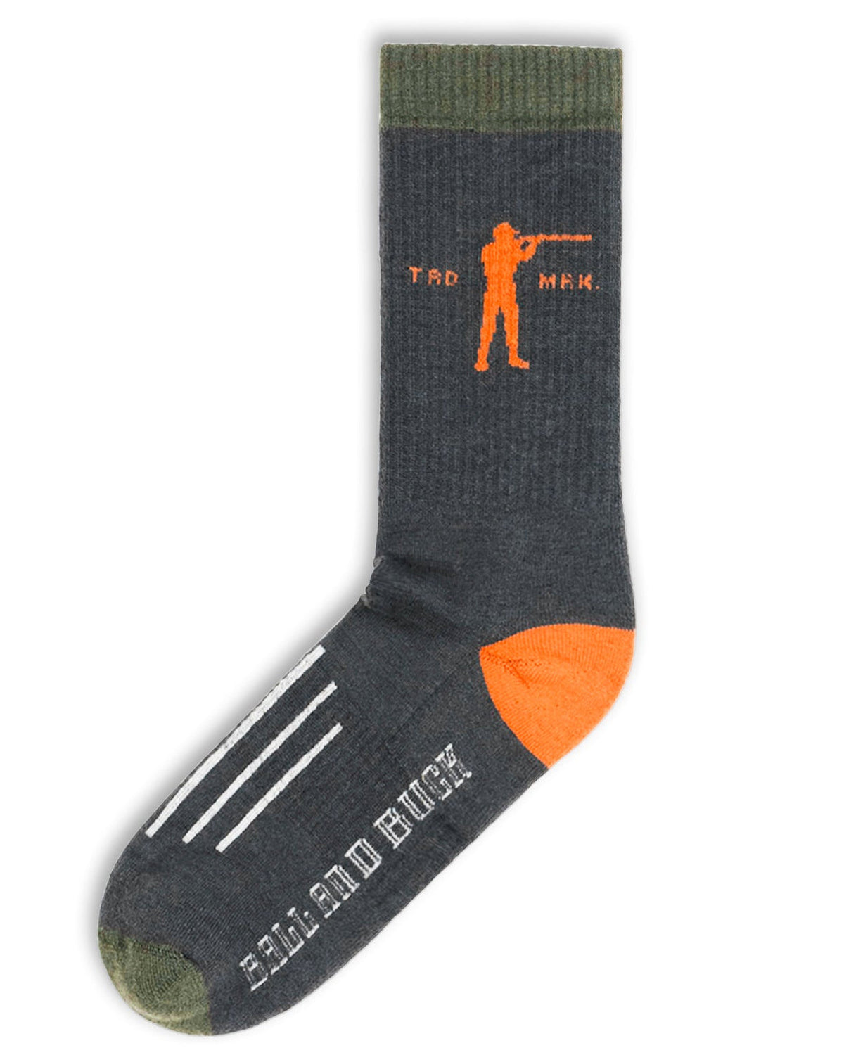 Ball and Buck Premium Merino Socks in Dark Grey with blaze orange heel, toe and hunter graphic