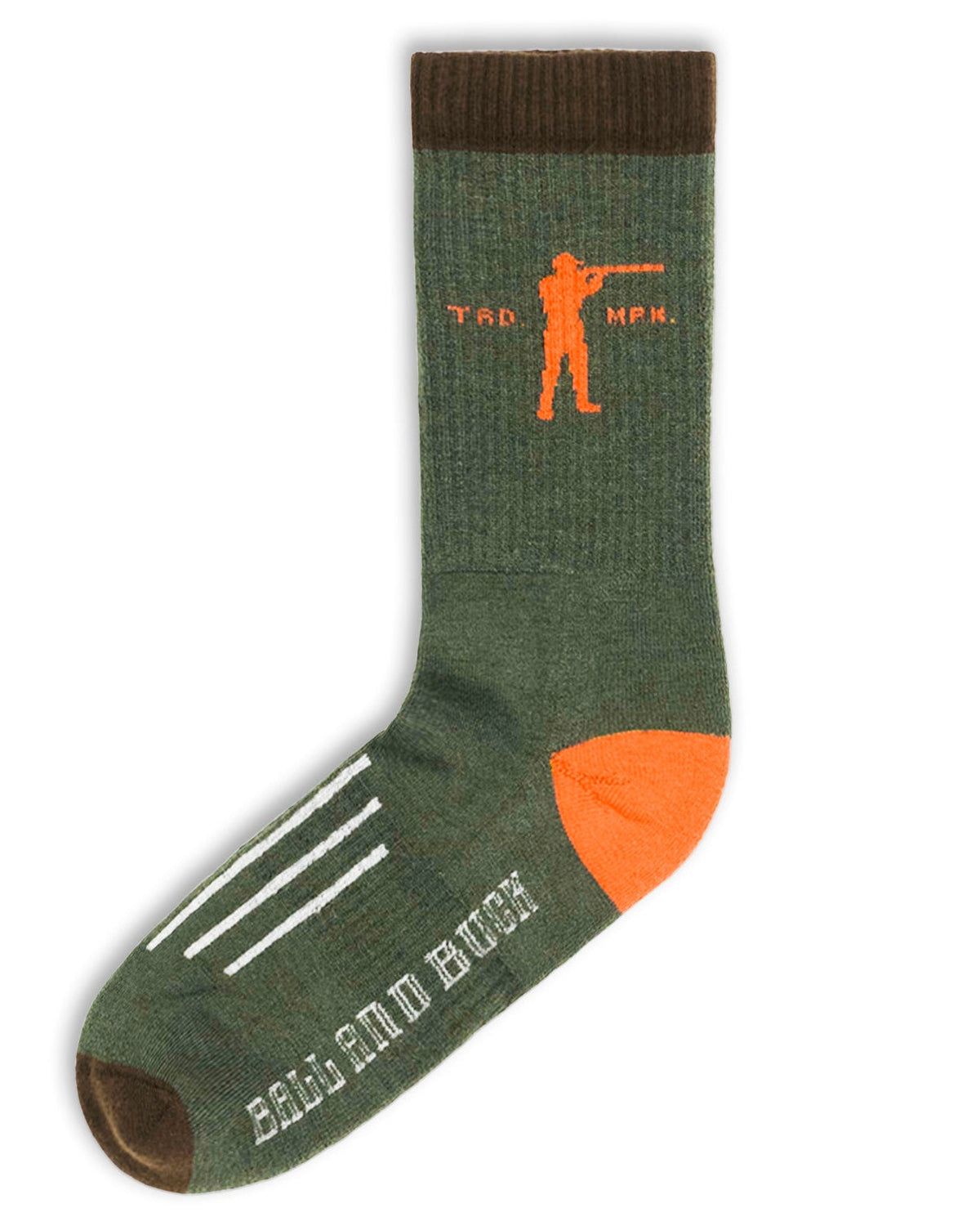 Ball and Buck Premium Merino Socks in Evergreen with blaze orange heel, toe and hunter graphic