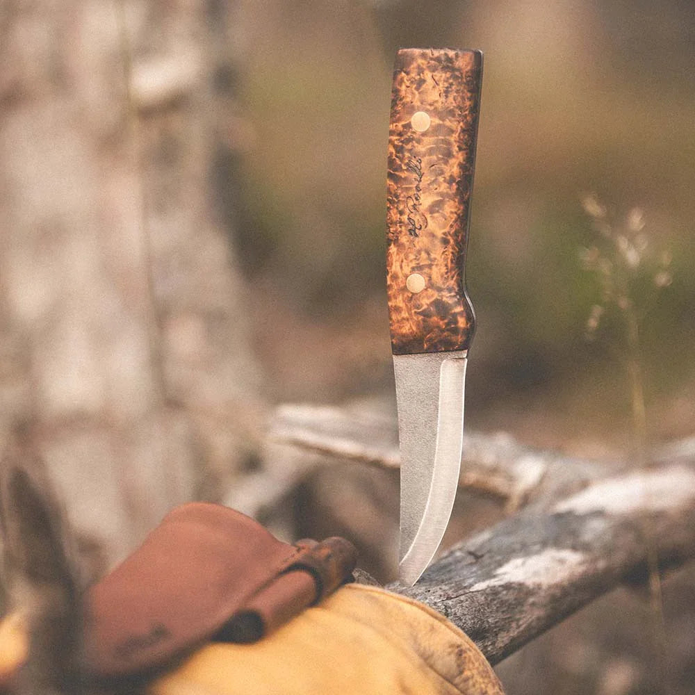 Burl wood handle hunting knife with leather sheath, outdoor gear for camping and survival