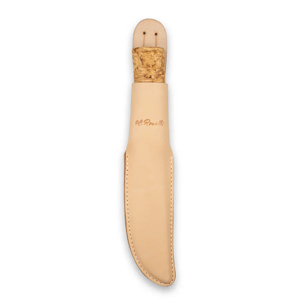 Tan leather knife sheath with cork handle grip, hand-stitched edges, ideal for hunting and outdoor gear