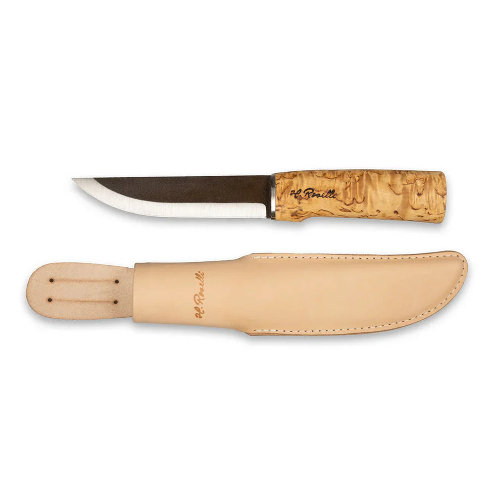 Hunting knife with burl wood handle and leather sheath, ideal for outdoor and survival use