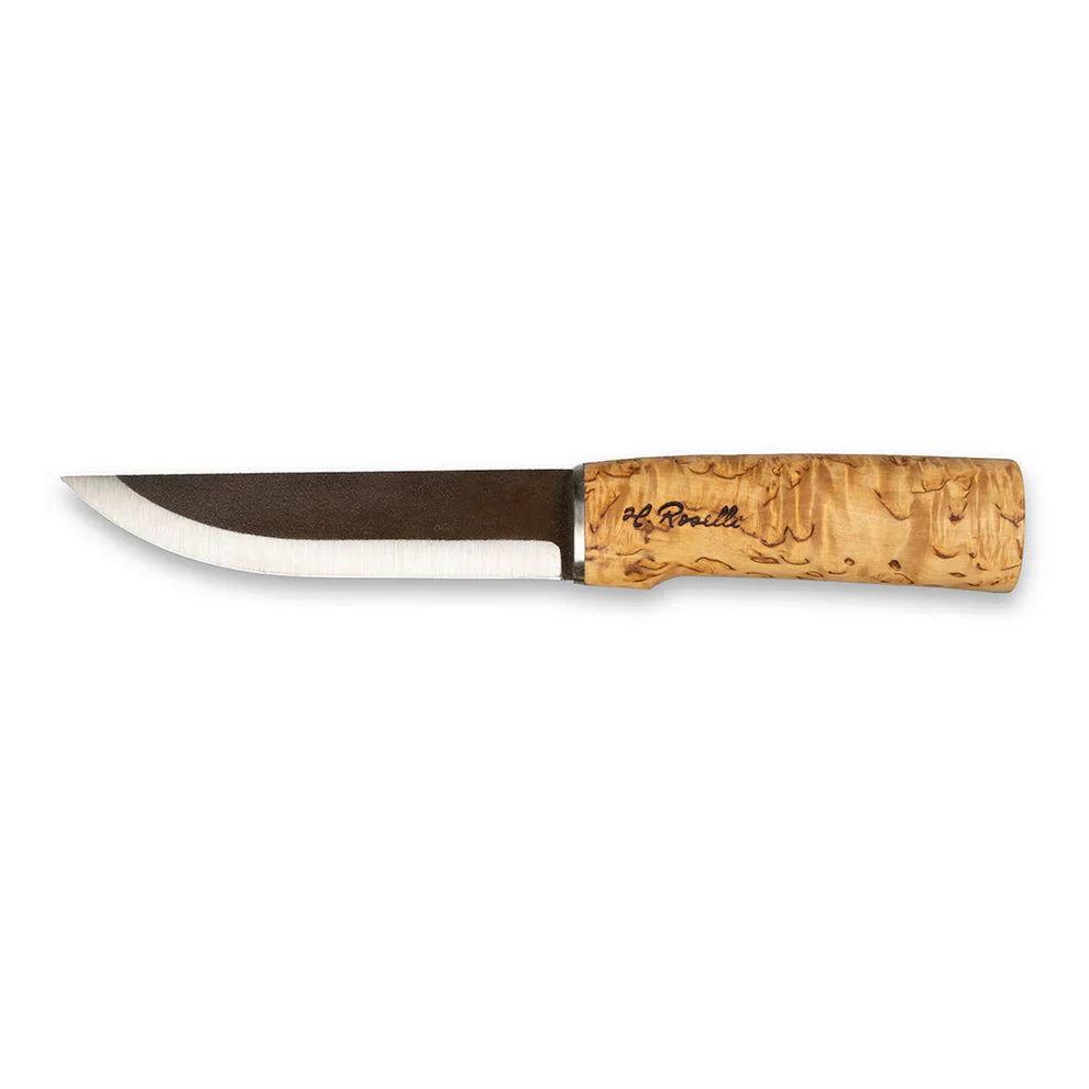 H. Roselli hunting knife with burl wood handle and curved stainless blade for outdoor use