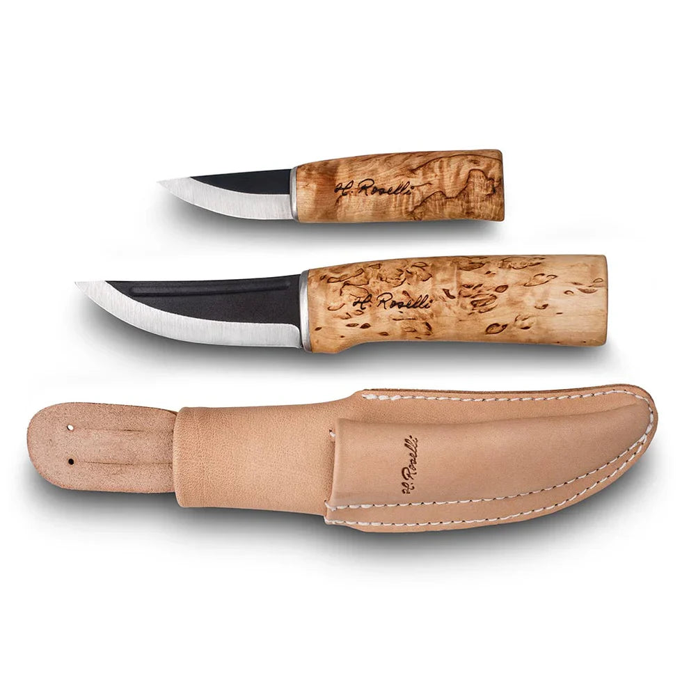 H. Roselli hunting knives with burl wood handles and leather sheath, outdoor survival gear