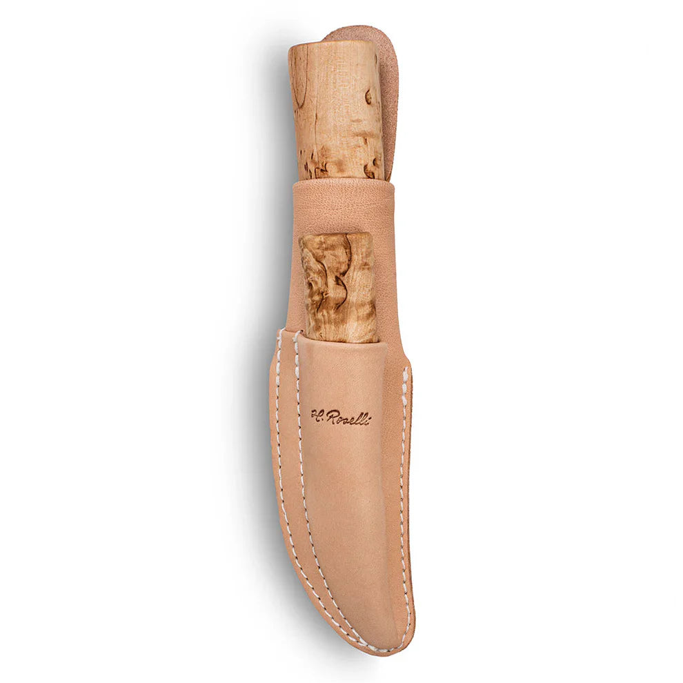 Handcrafted hunting knife with olive wood handle in tan leather sheath, ideal for outdoor survival and camping gear
