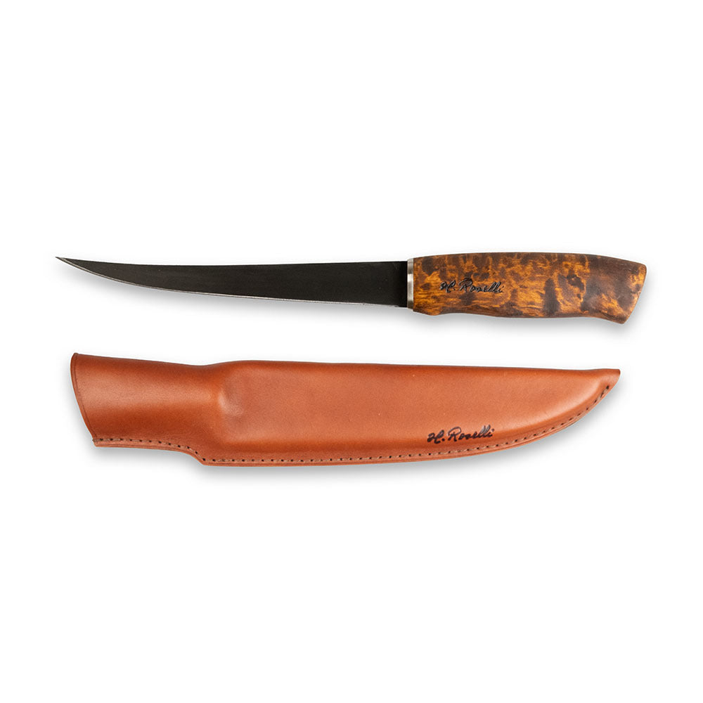 H. Roselli hunting knife with wood handle and leather sheath, outdoor gear for hunting and camping