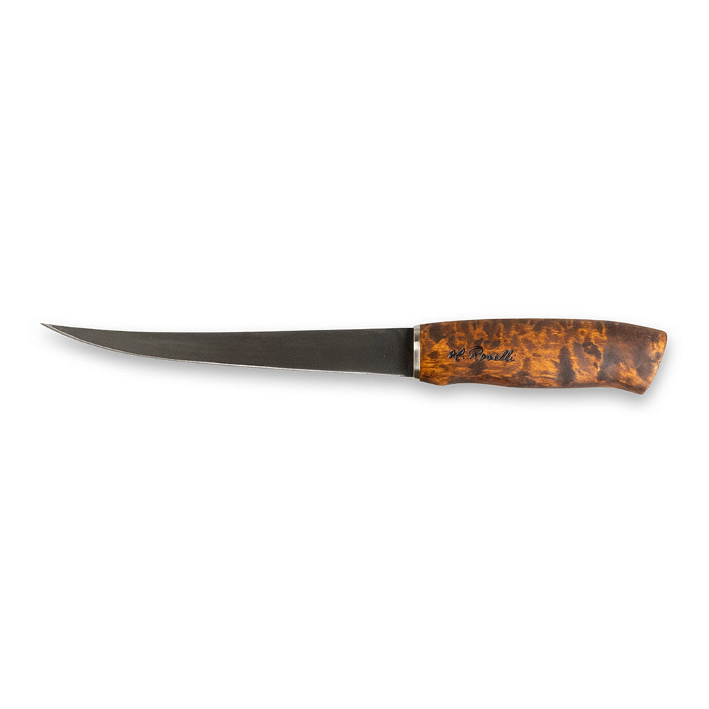 Hunting knife with curved blade and wood handle, ideal for outdoor and game processing tasks