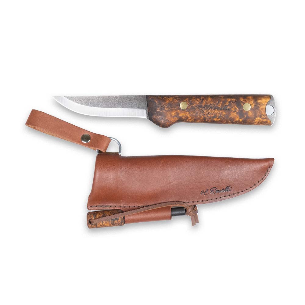 H. Roselli hunting knife with brown leather sheath, wood handle, and stainless blade for outdoor use