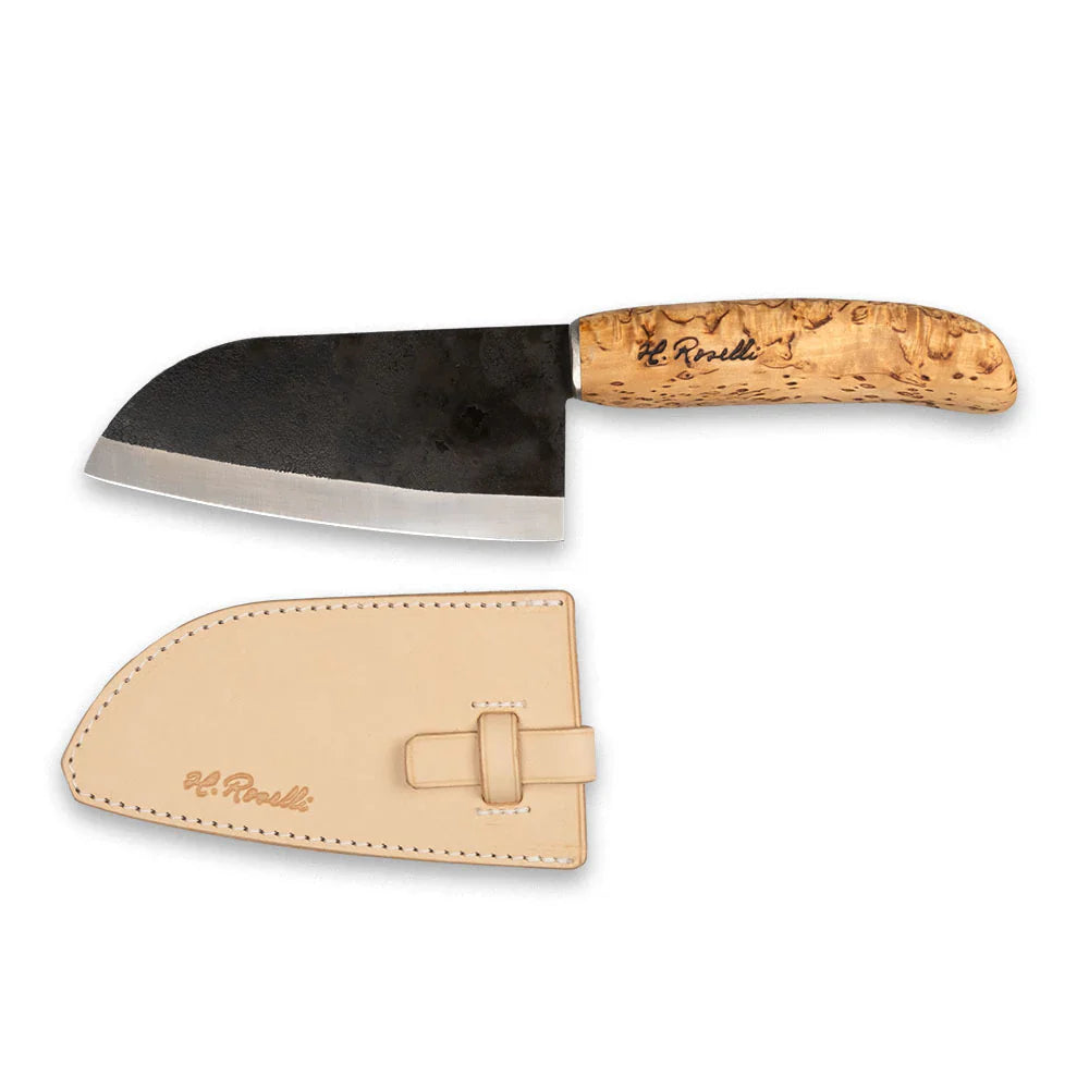 H. Roselli hunting knife with burl wood handle and leather sheath for outdoor use