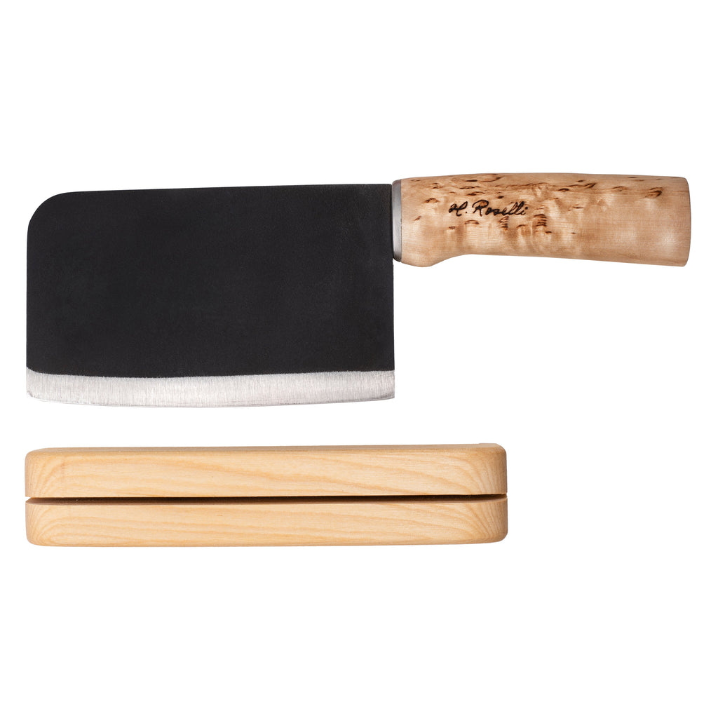 H. Roselli cleaver knife with wooden handle and sheath, black blade, stainless steel edge for hunting prep