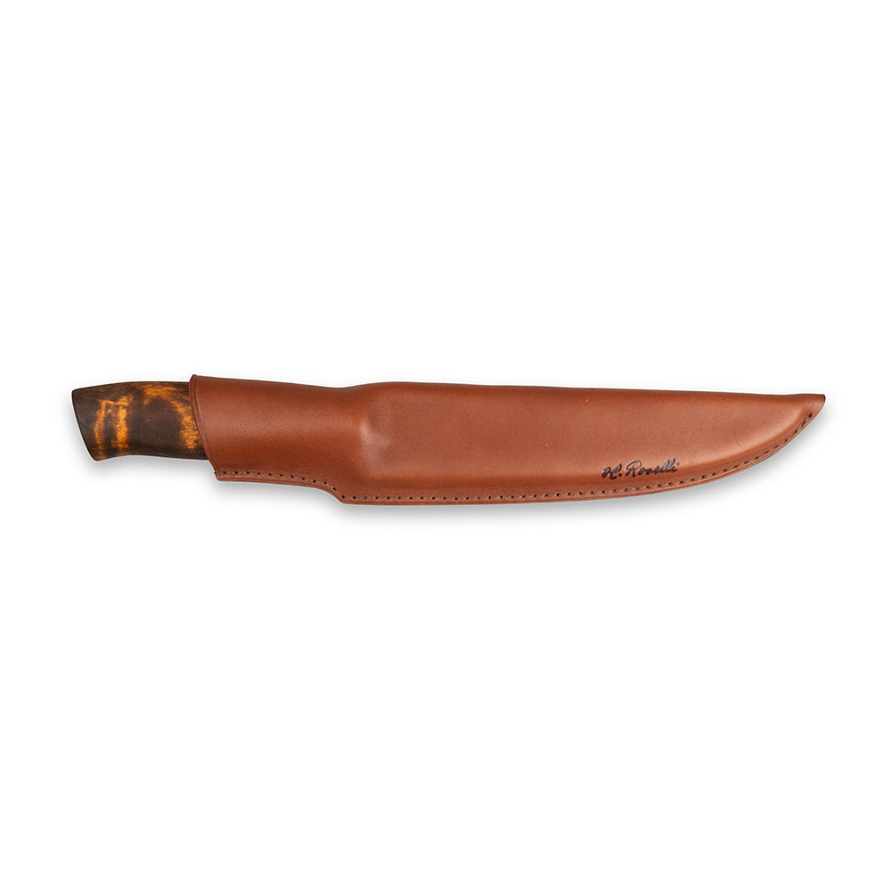 Hunting knife with brown leather sheath and tortoiseshell handle, ideal for outdoor gear and survival use