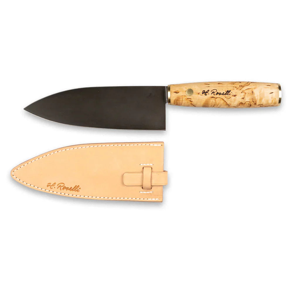 H. Roselli hunting knife with burl wood handle and leather sheath, outdoor gear for field dressing
