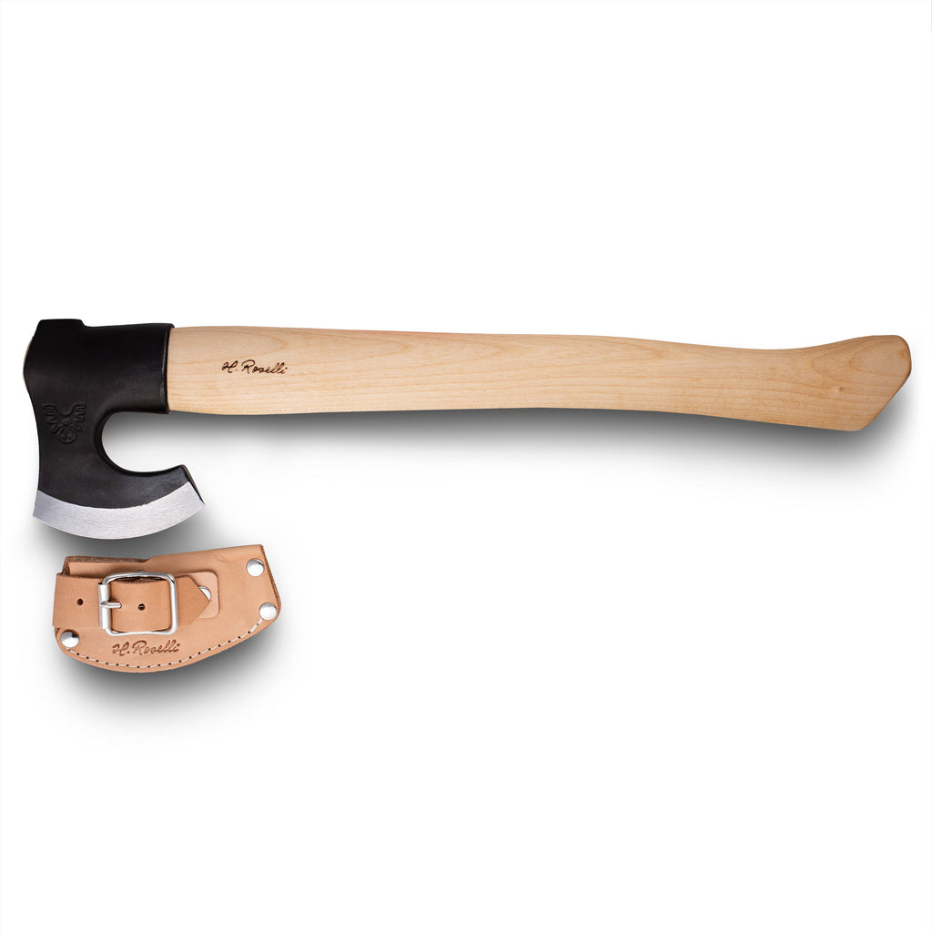 H. Roselli hunting axe with wooden handle, black head, and leather sheath for outdoor survival gear