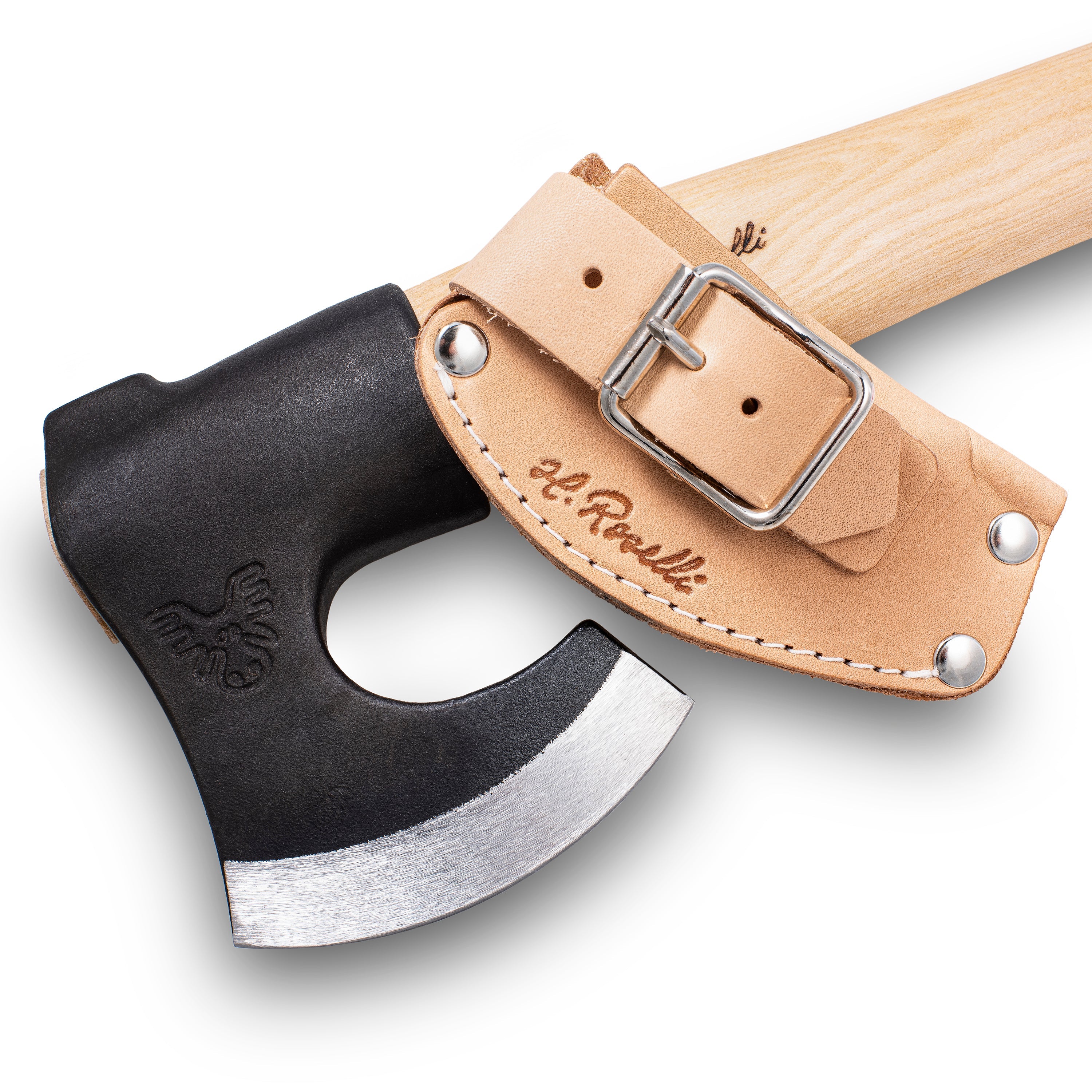 Hunting hatchet with wooden handle, black blade, and leather sheath for outdoor survival gear