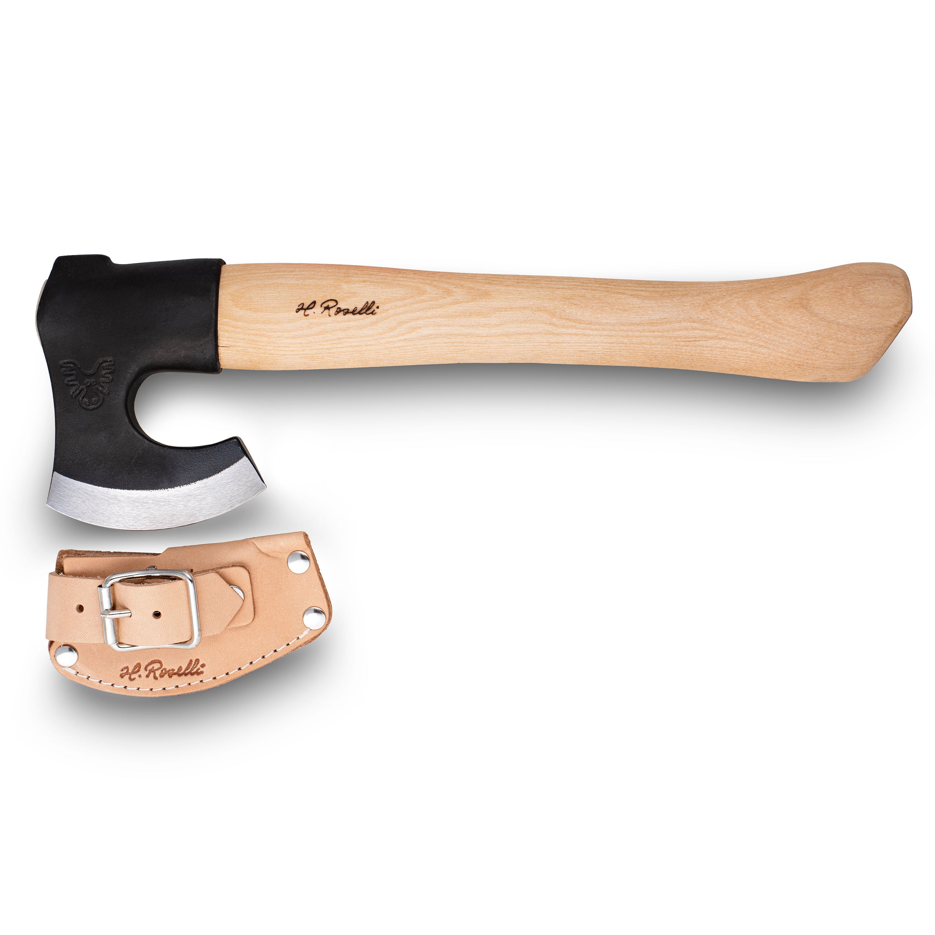 H. Roselli hunting axe with wooden handle, black blade, and leather sheath for outdoor survival gear
