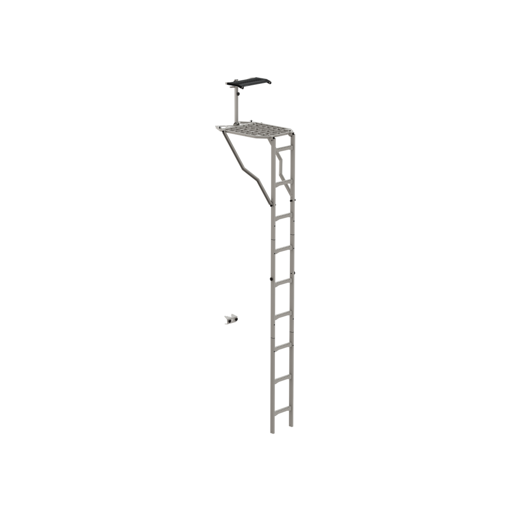 Gray hunting ladder stand with platform and shooting rail for tree hunting