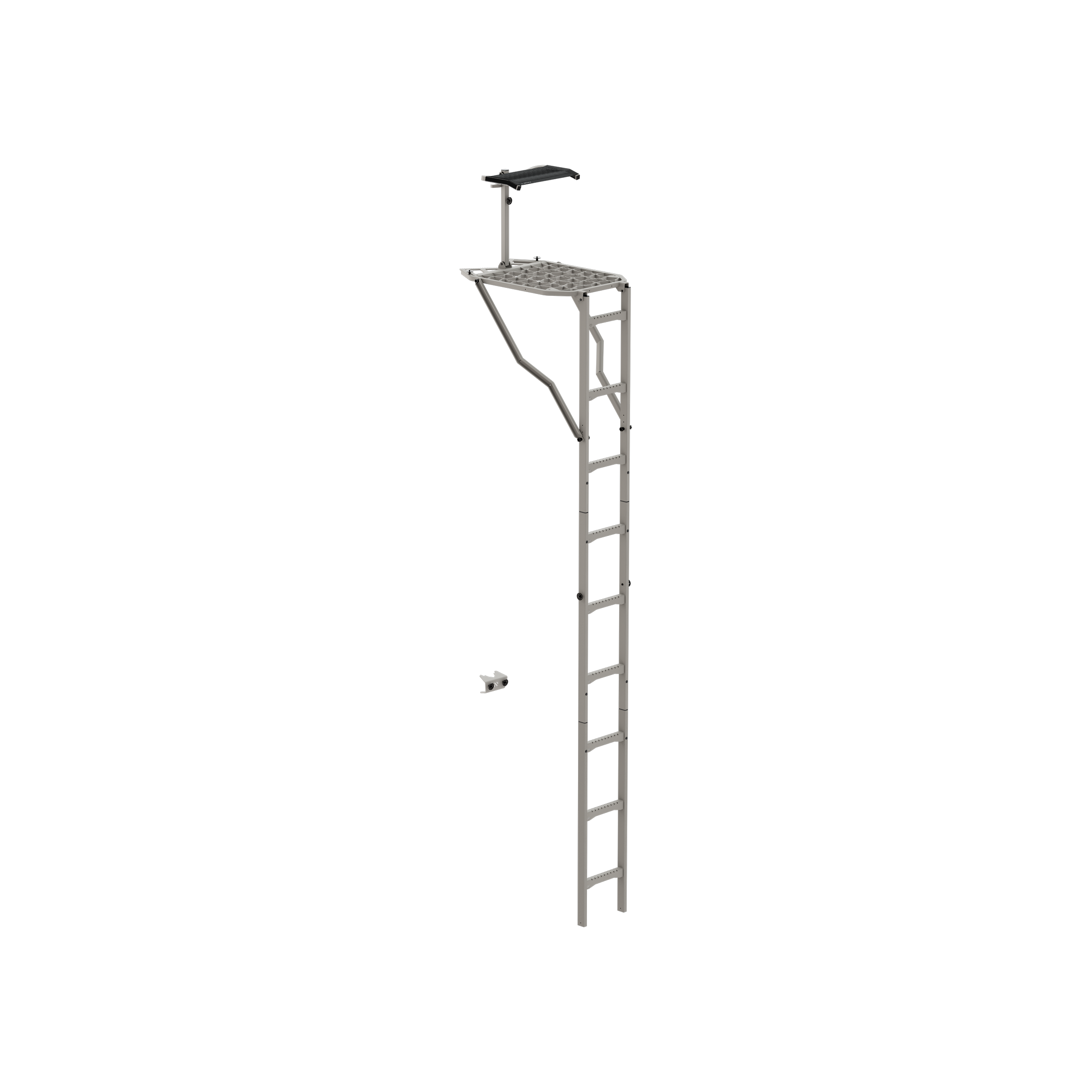 Gray hunting ladder stand with platform and shooting rail for tree hunting