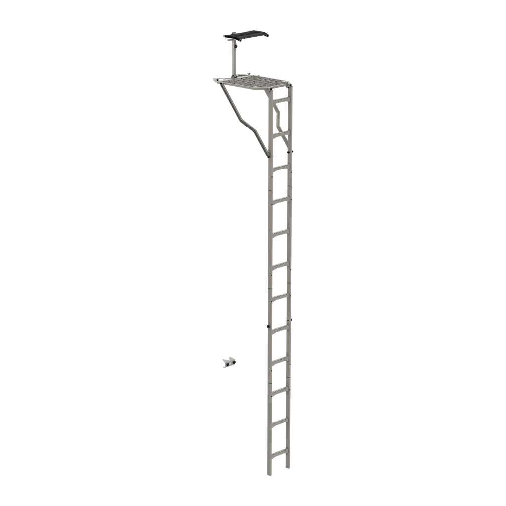 Gray hunting ladder stand with platform and shooting rail for tree hunting