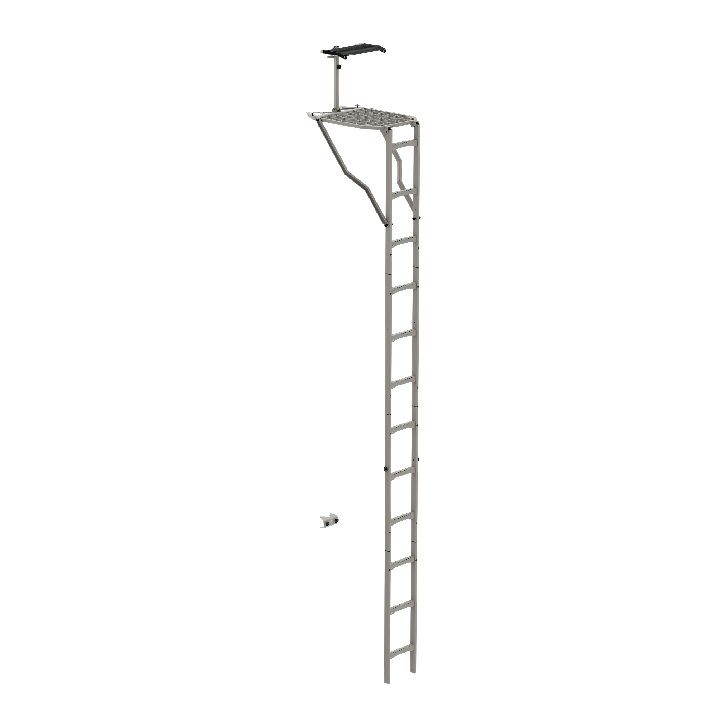 Gray hunting ladder stand with platform and shooting rail for tree hunting