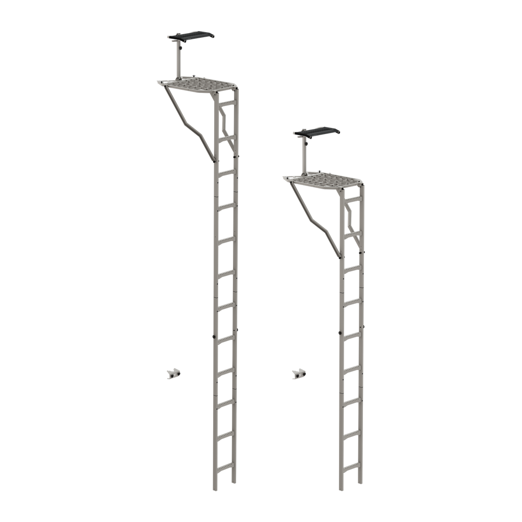 Gray hunting ladder stand with platform and shooting rail for tree hunting