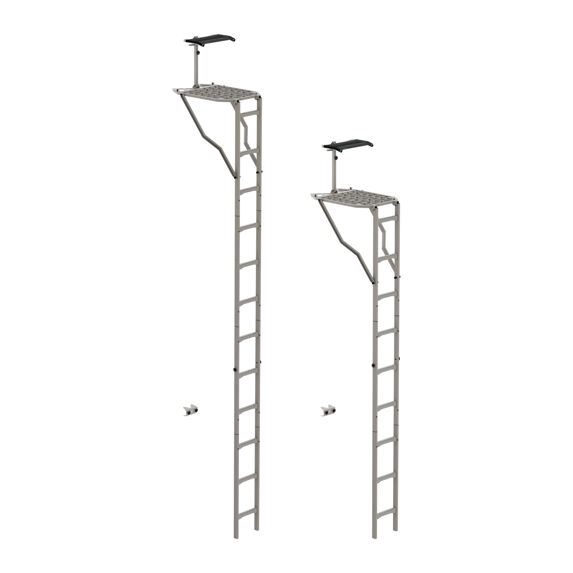 Gray hunting ladder stand with platform and shooting rail for tree hunting