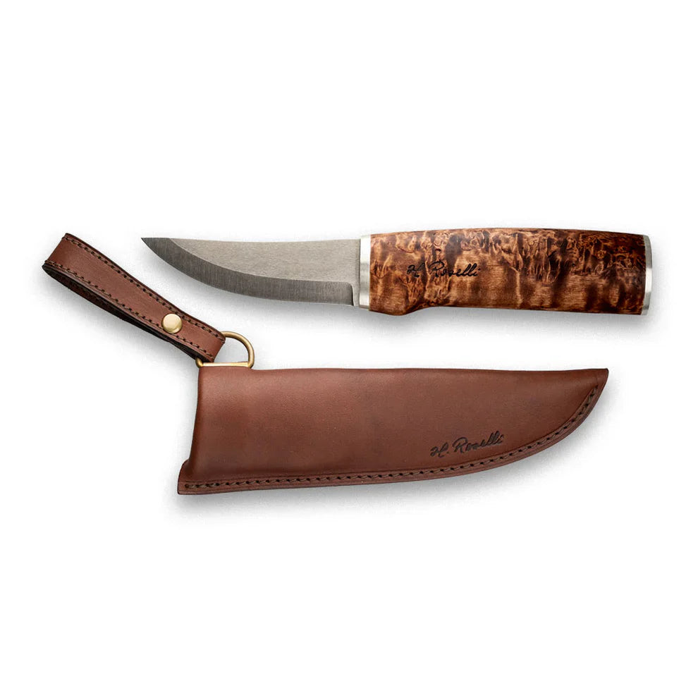 Hunting knife with burl wood handle and brown leather sheath, ideal for outdoor survival and field use.