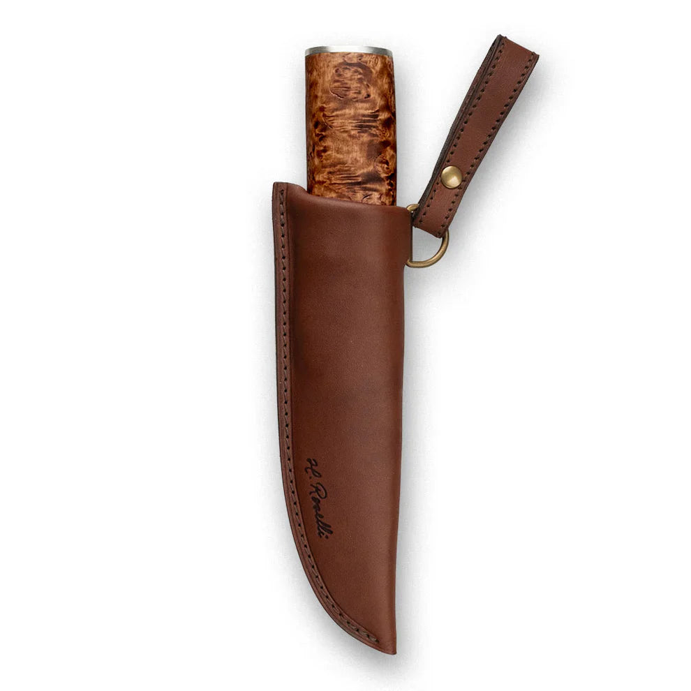 Handcrafted hunting knife with burl wood handle in brown leather sheath, ideal for outdoor survival and camping gear