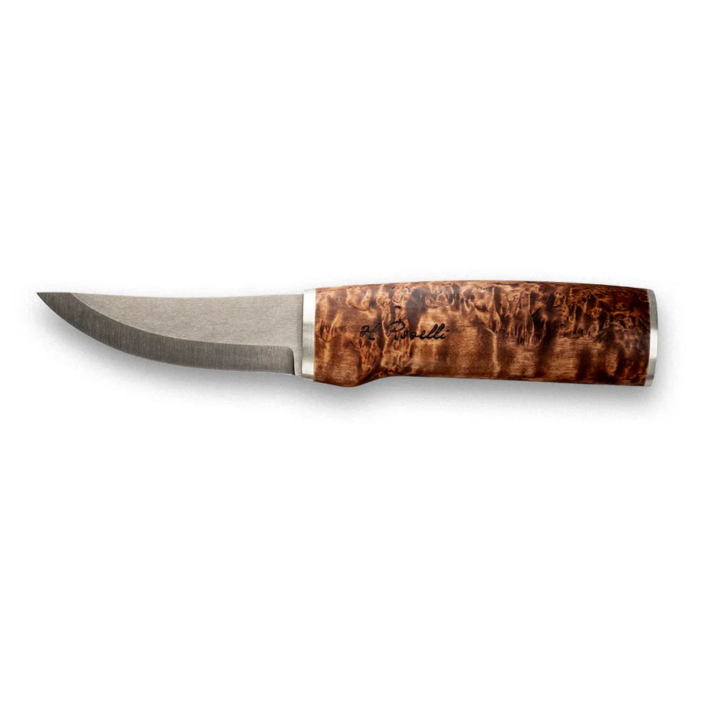 Hunting knife with curved stainless steel blade and burl wood handle for outdoor use