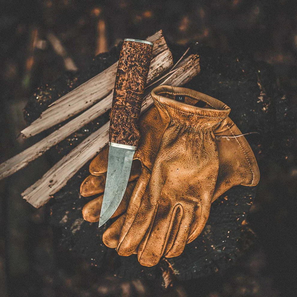 Birch bark handle hunting knife with leather gloves, outdoor survival gear for camping and hunting