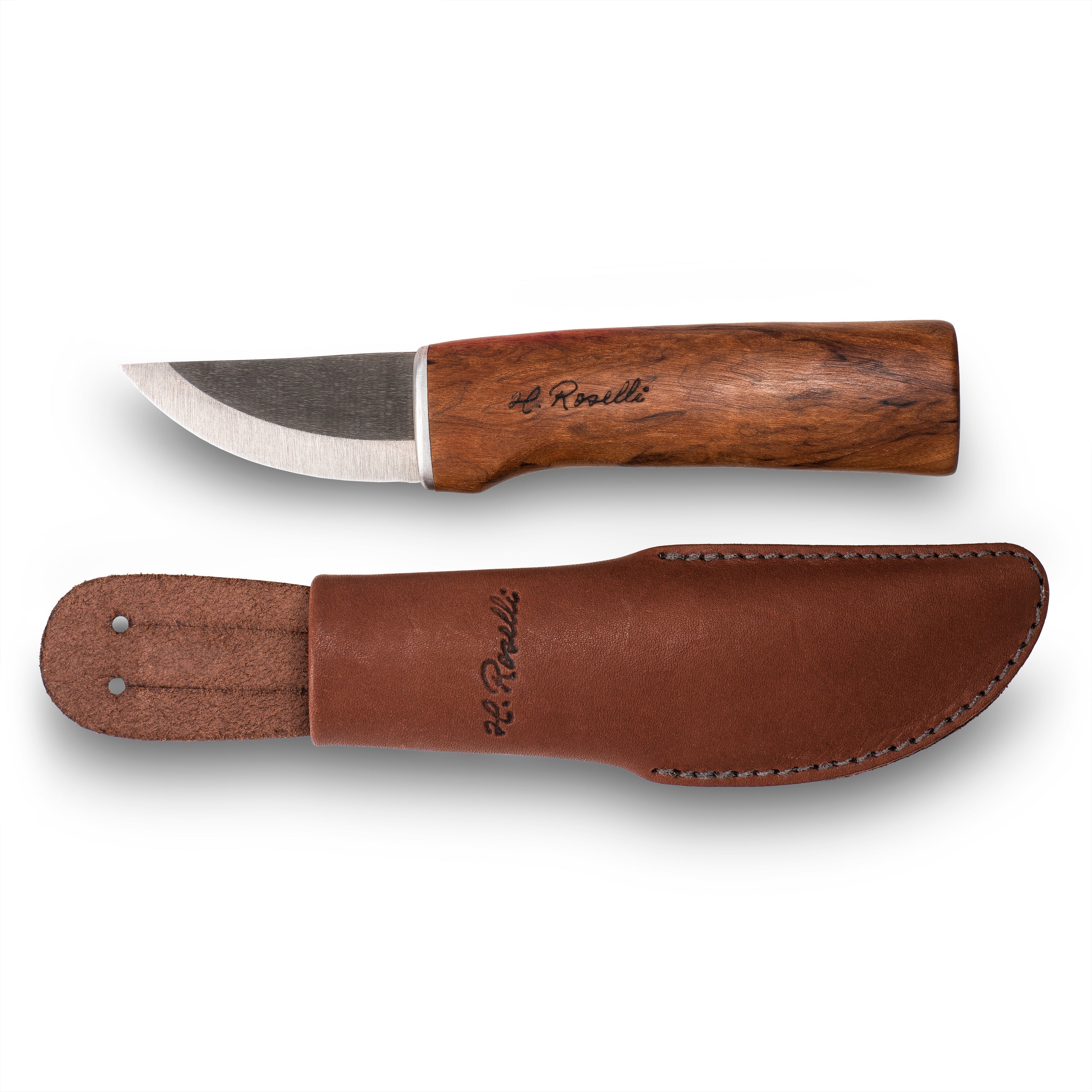 H. Roselli hunting knife with wood handle and leather sheath, outdoor survival gear