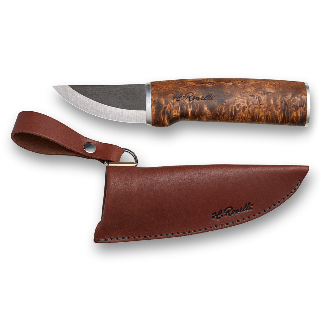 Hunting knife with wooden handle and brown leather sheath, ideal for outdoor and survival use