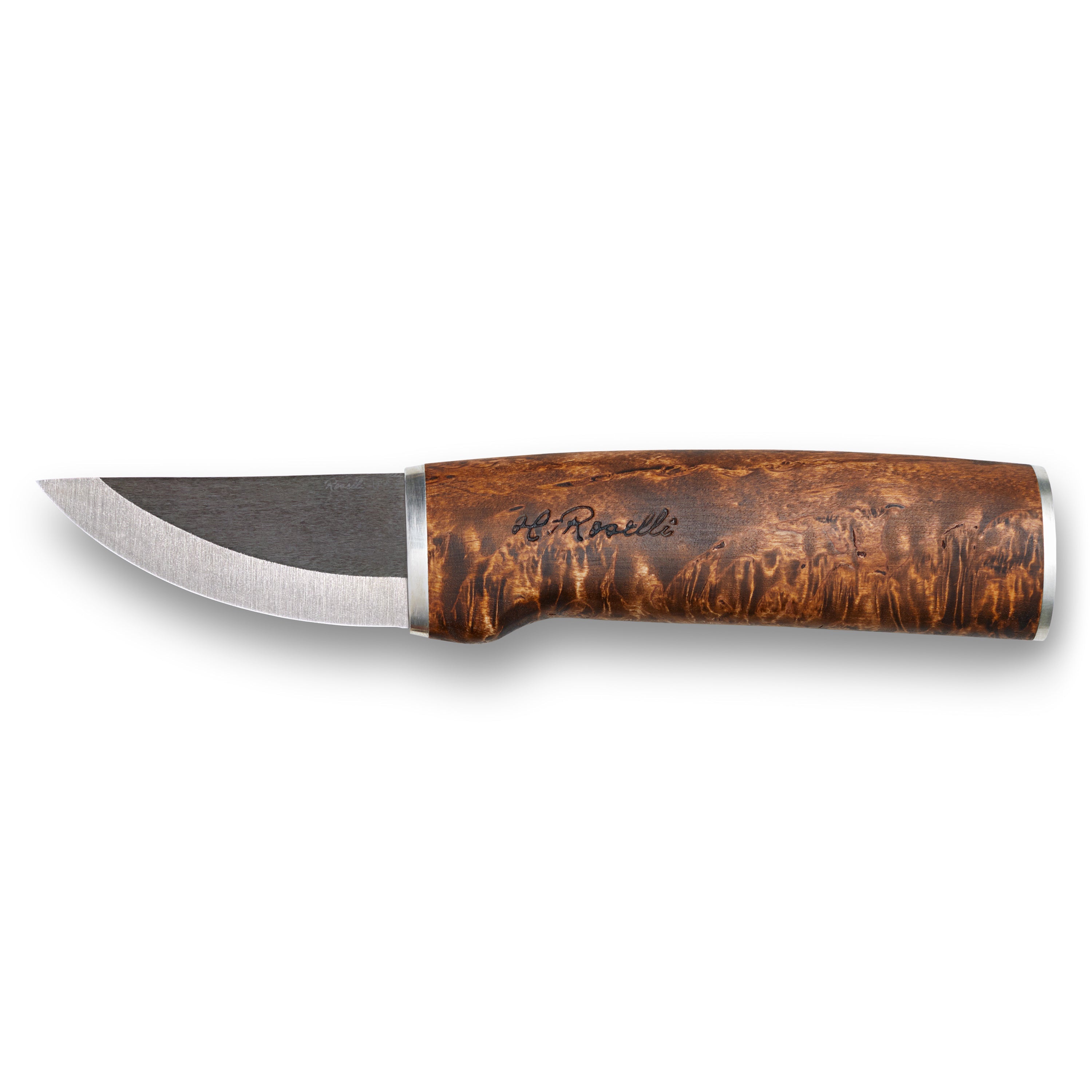 H. Roselli hunting knife with burl wood handle and stainless steel blade, ideal for outdoor and survival use