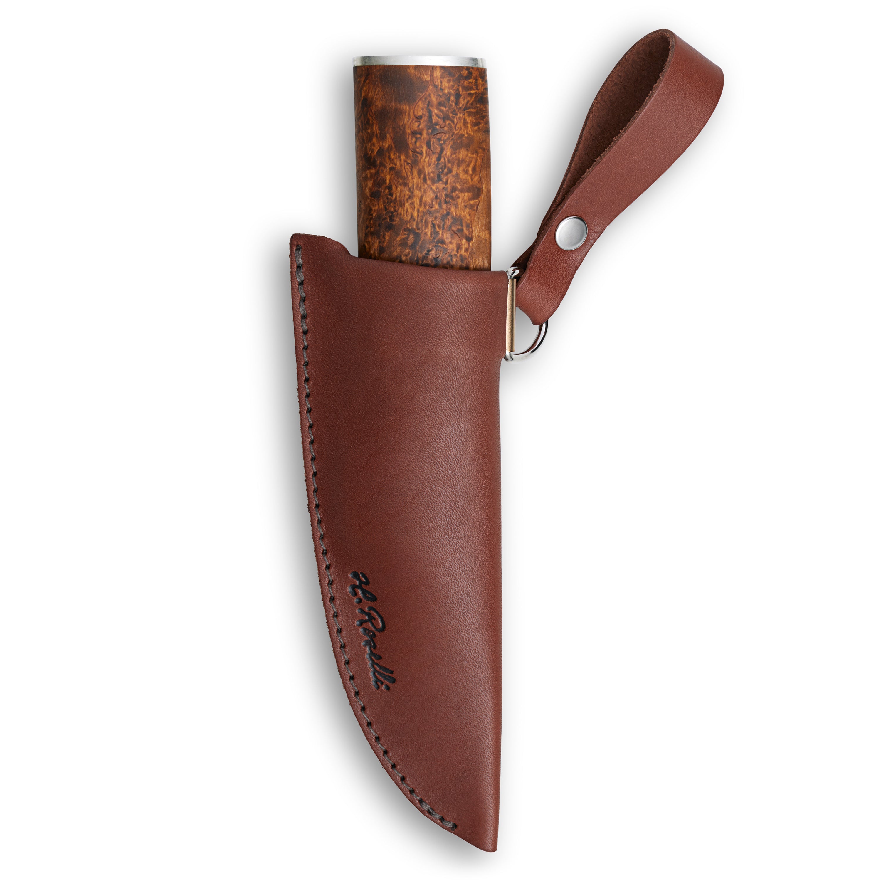 Hunting knife with burl wood handle in brown leather sheath, outdoor gear for camping and survival