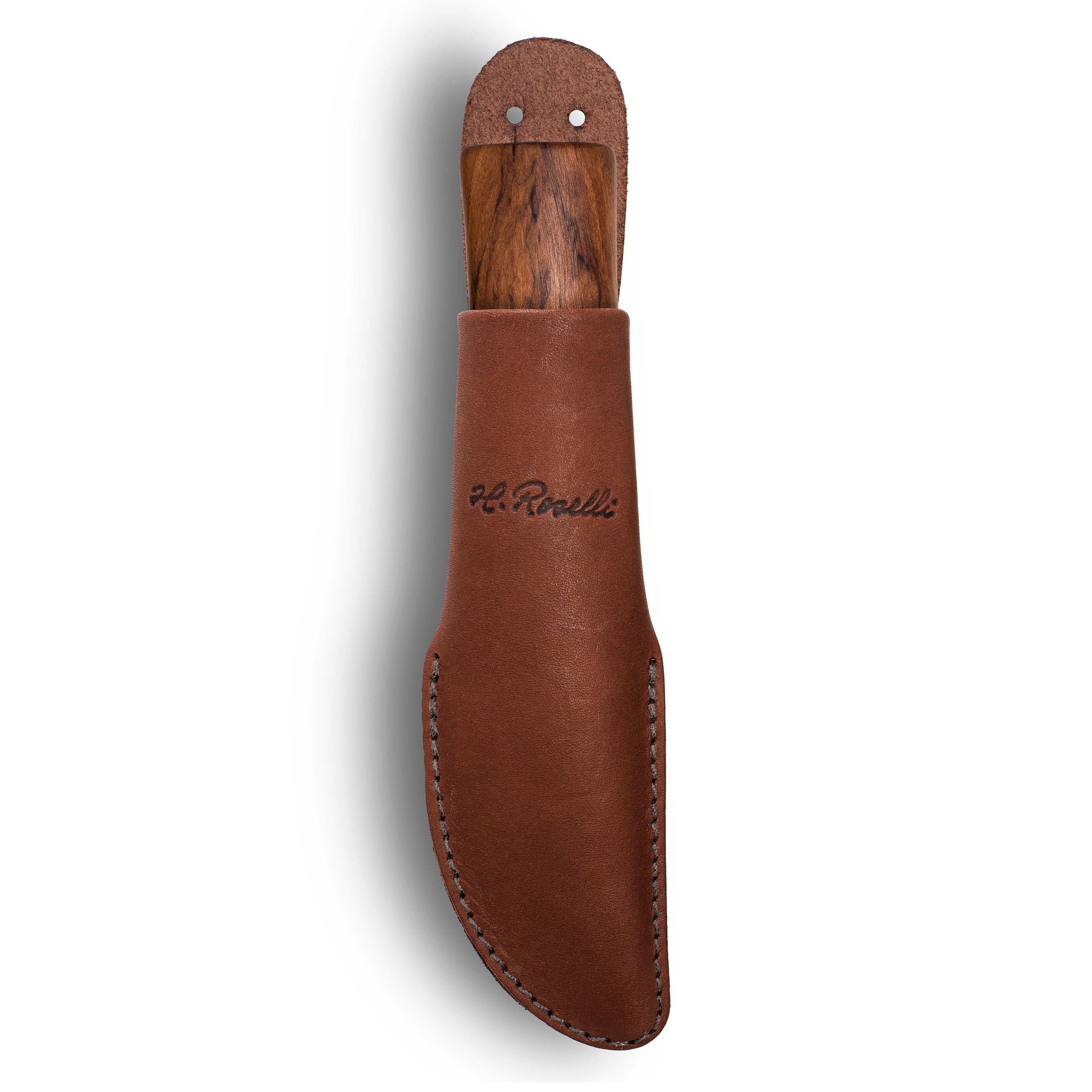 Brown leather knife sheath with wooden handle, H. Roselli branding, for hunting and outdoor use