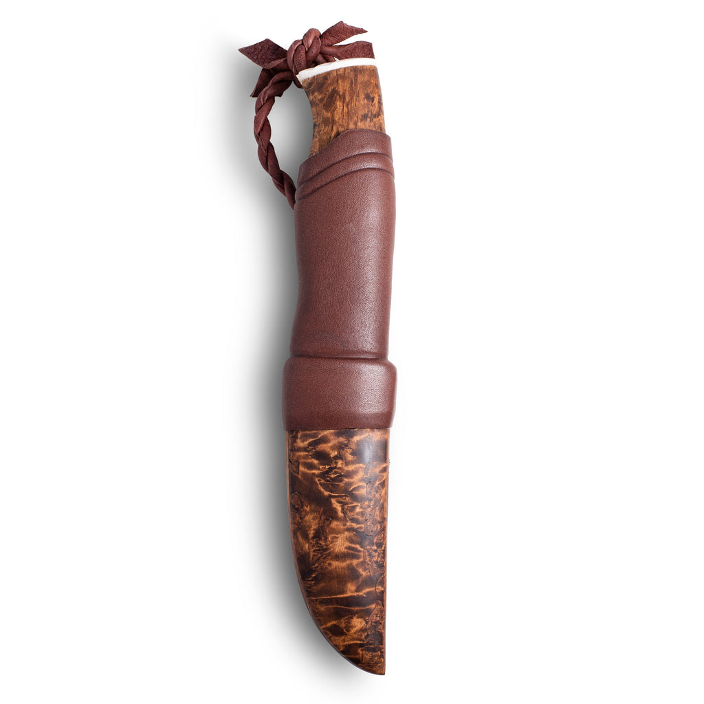 Handcrafted hunting knife with burl wood handle and brown leather sheath, braided lanyard for outdoor use