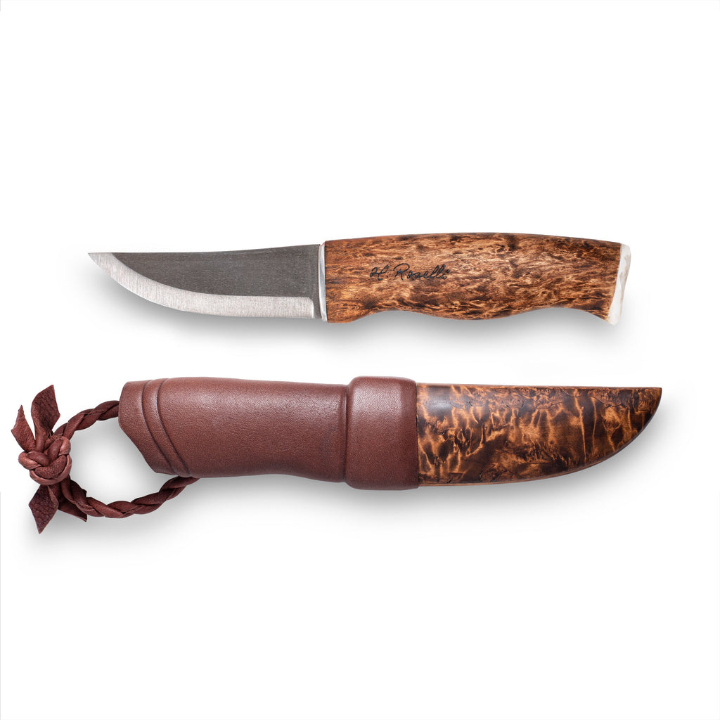Hunting knife with burl wood handle, leather sheath, and engraved signature for outdoor survival and field use.