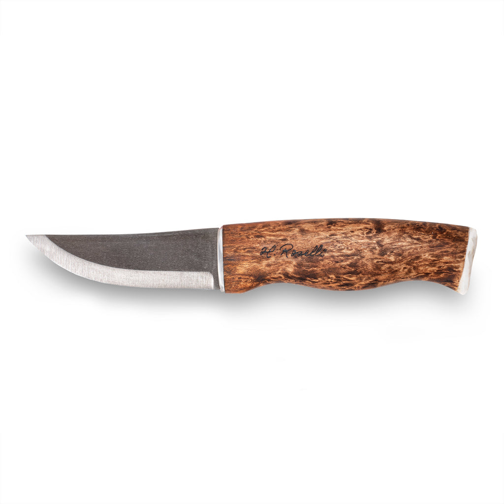 Hunting knife with curved stainless steel blade and engraved wooden handle for outdoor use