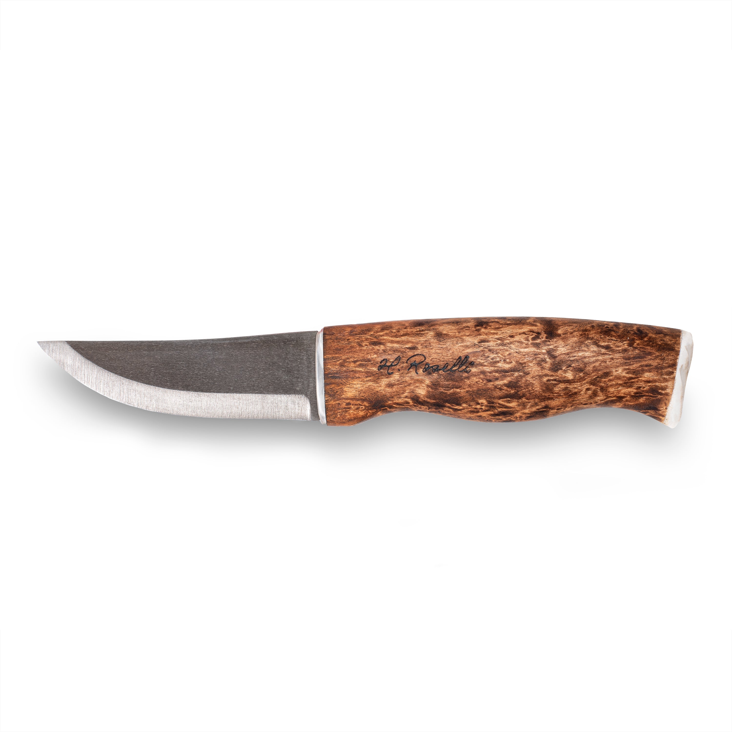 Hunting knife with curved stainless steel blade and engraved wooden handle for outdoor use