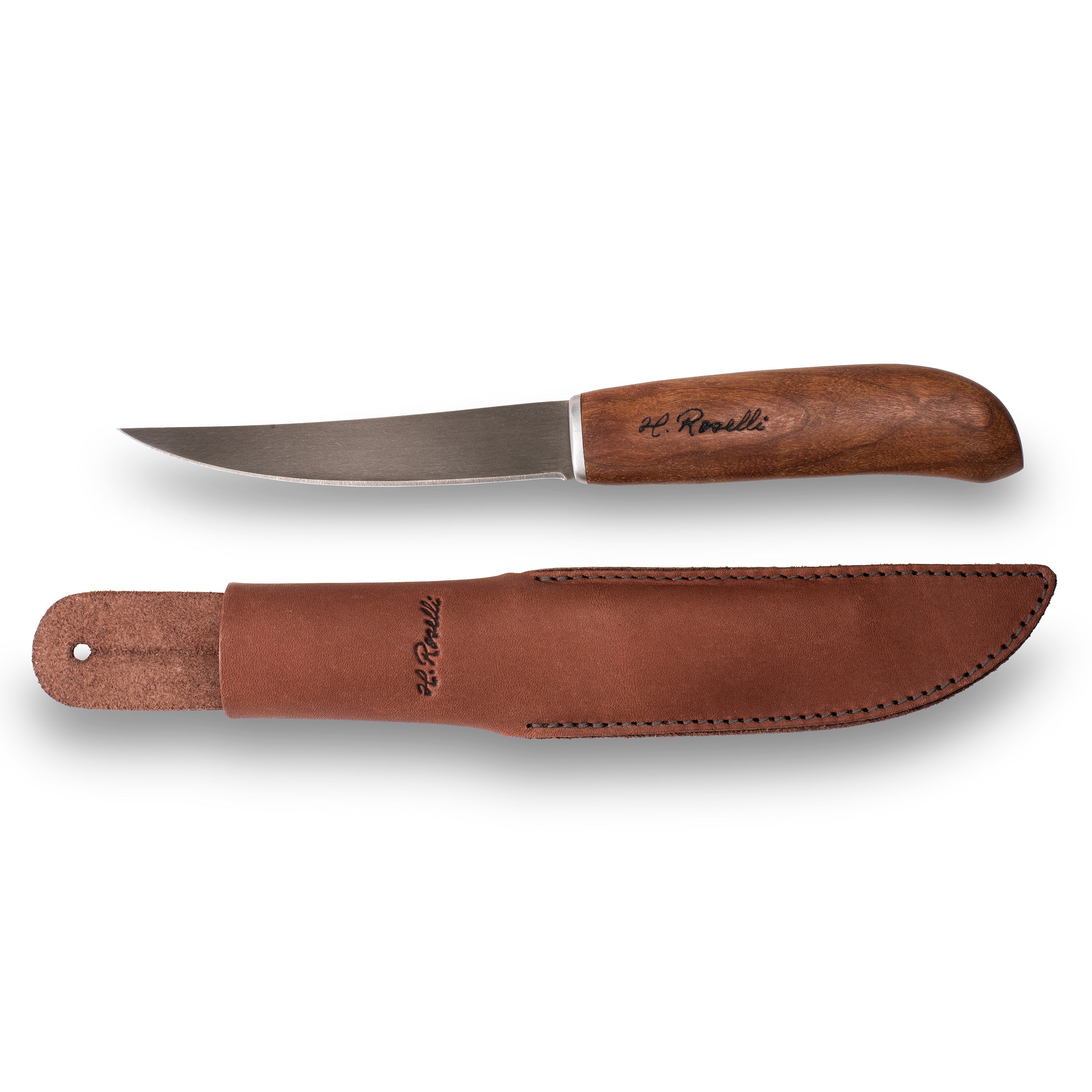 H. Roselli hunting knife with wood handle and leather sheath, outdoor gear for hunting and camping