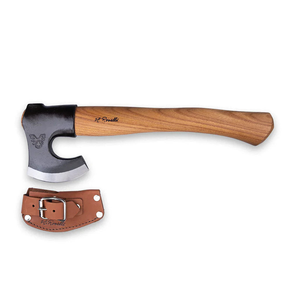 Hultafors hunting axe with wooden handle and leather sheath, outdoor survival tool