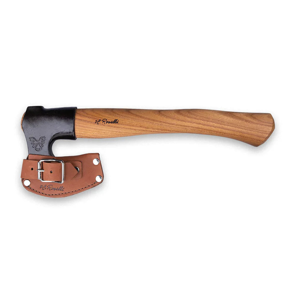 Hunting axe with wooden handle and leather sheath for outdoor survival and camping gear