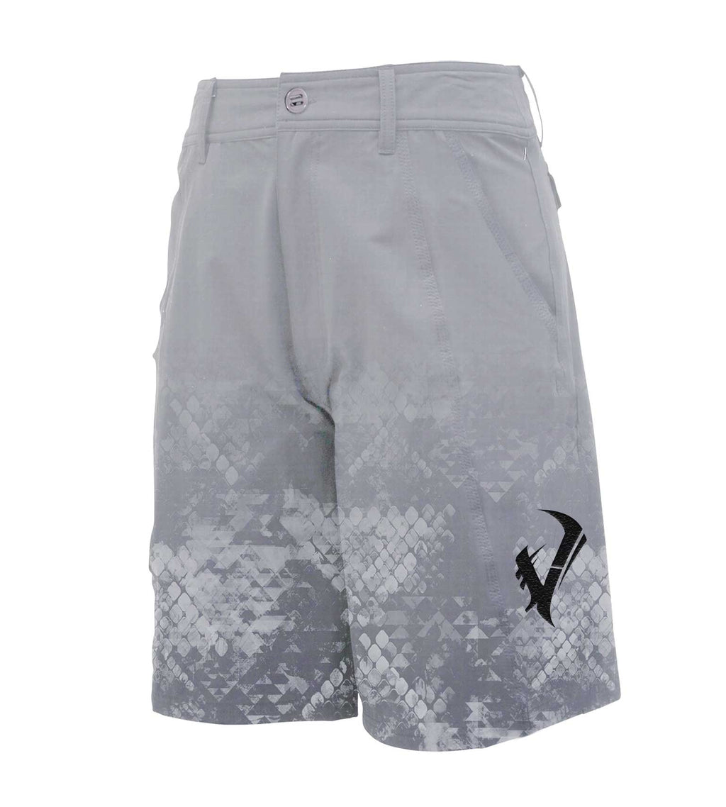 Gray hunting shorts with geometric camo pattern and black logo, ideal for outdoor adventures