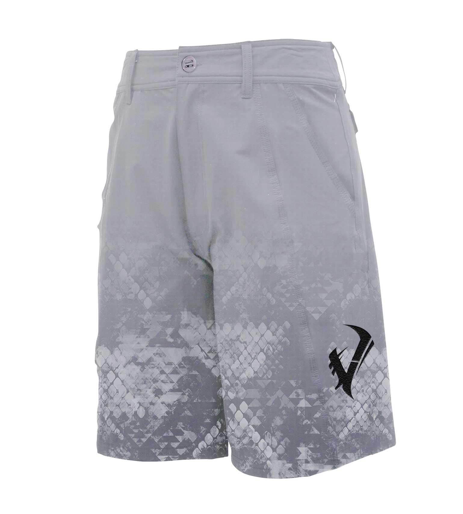 Gray hunting shorts with geometric camo pattern and black logo, ideal for outdoor adventures
