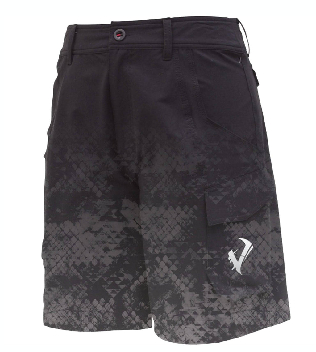 Black tactical hunting shorts with geometric camo pattern, cargo pockets, and side logo for outdoor adventures