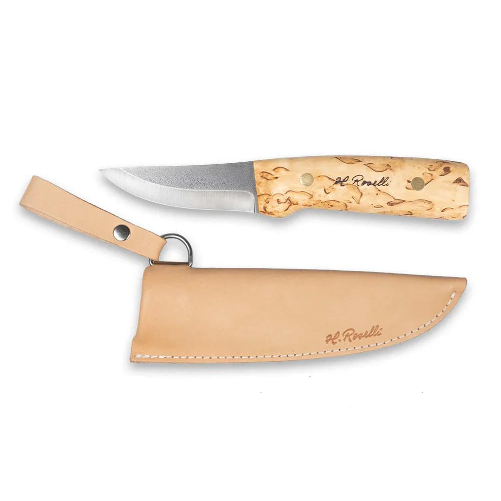 H. Roselli hunting knife with burl wood handle and leather sheath for outdoor use