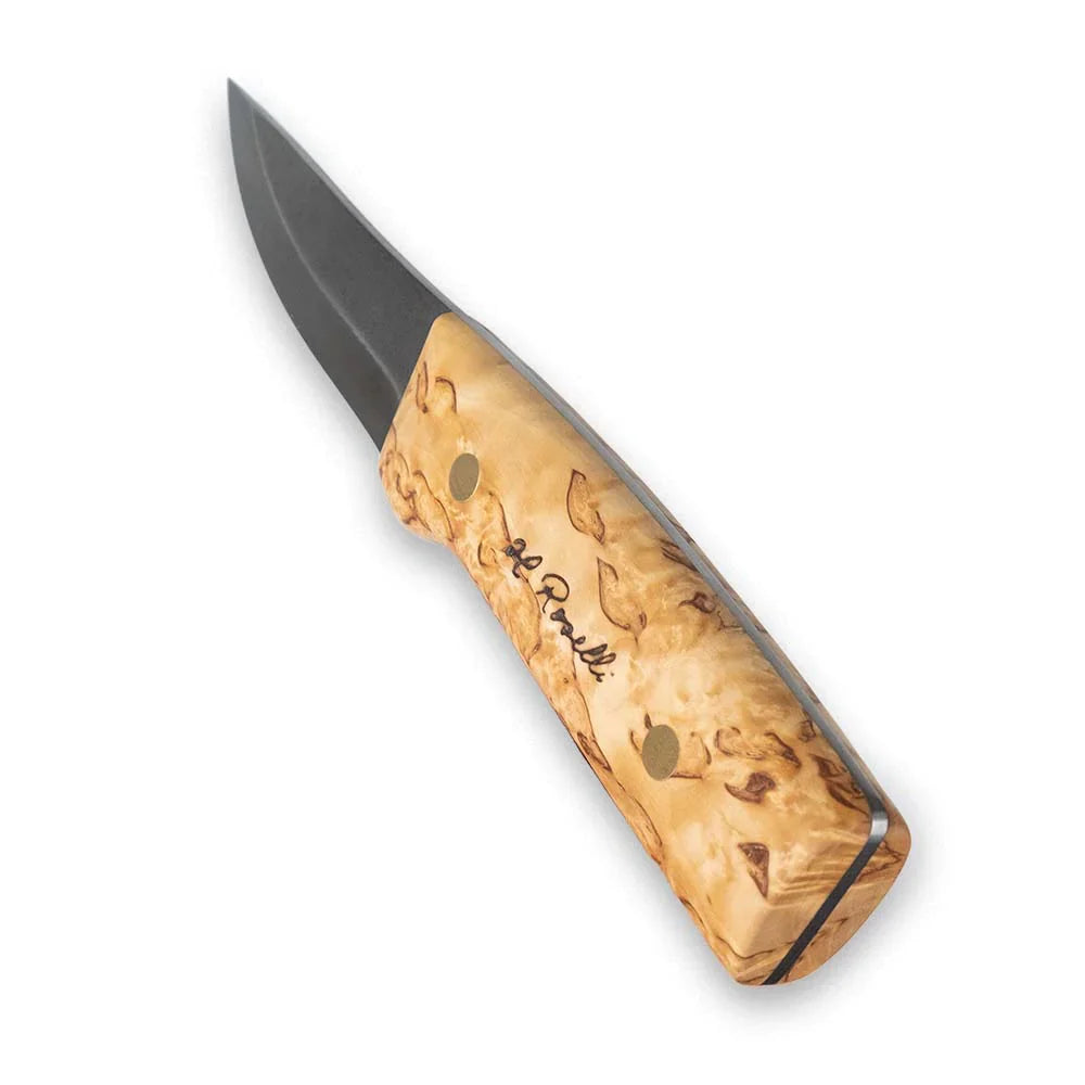 Burl wood handle hunting knife with engraved signature, ideal for outdoor and survival use