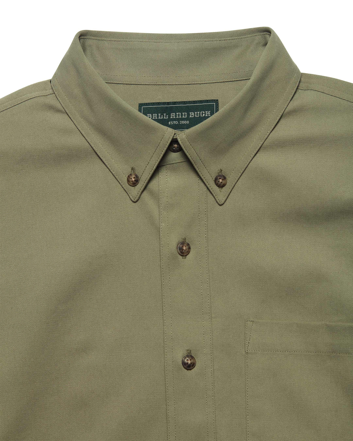 Button-down collar and label on the Weathered Moss Scout Shirt