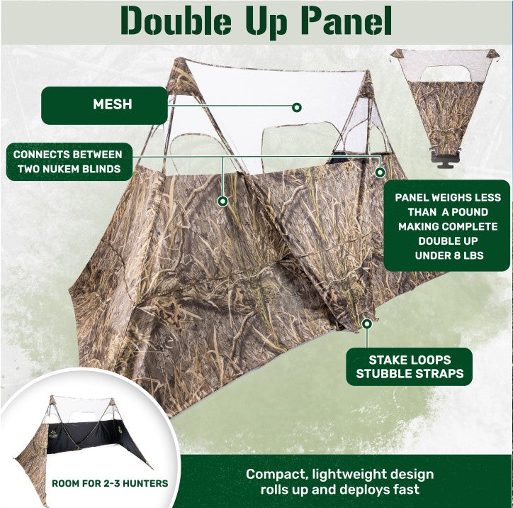 Camouflage double up panel for hunting blinds, lightweight mesh with stake loops, fits 2-3 hunters