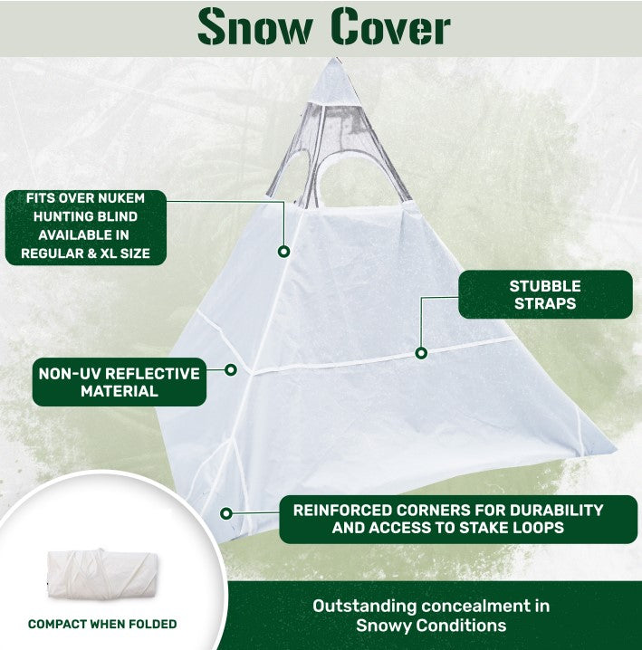 Snow cover for Nukem hunting blind, non-UV reflective, reinforced corners, stubble straps, compact when folded