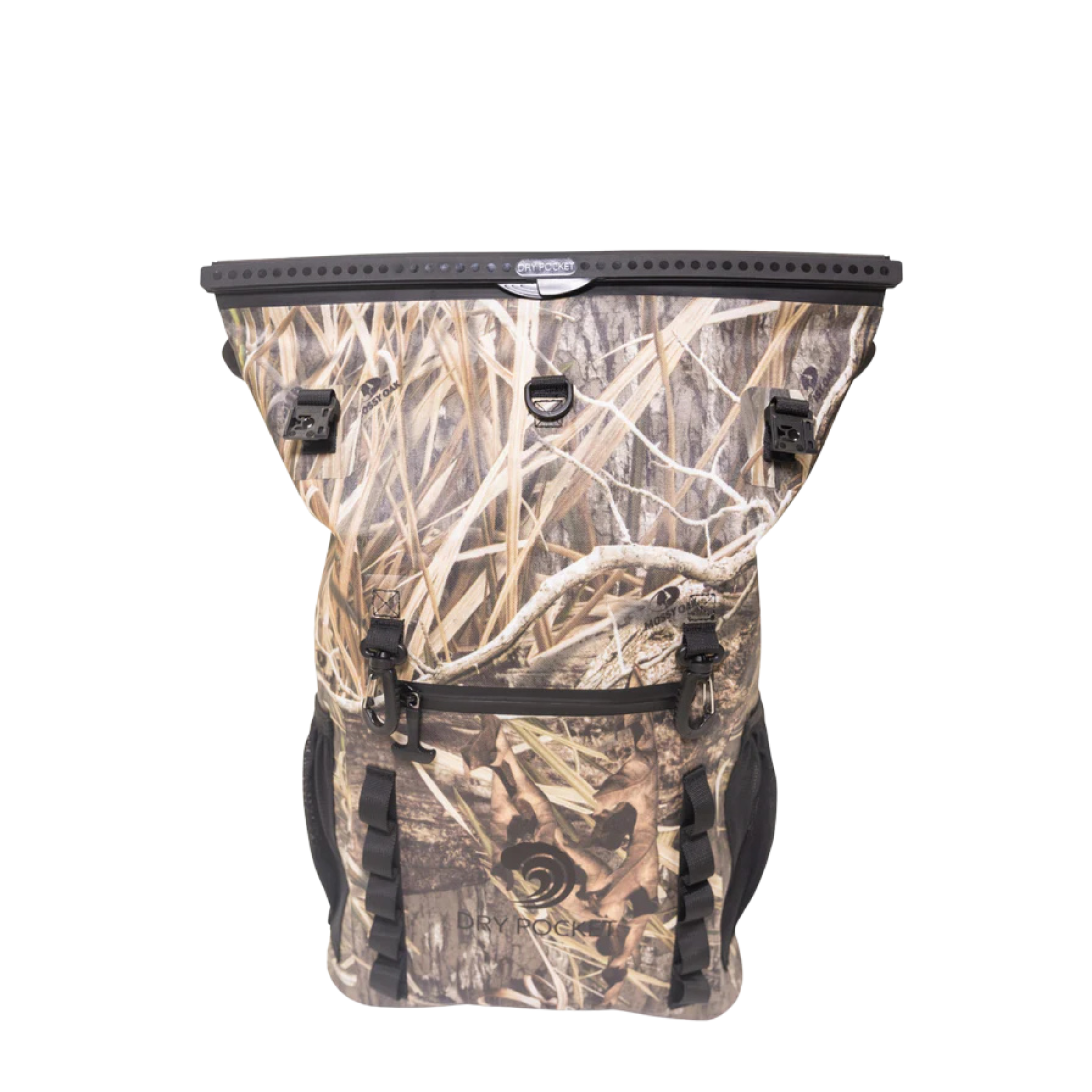 Mossy Oak camo dry bag with roll-top closure, ideal for hunting, fishing, and outdoor gear storage