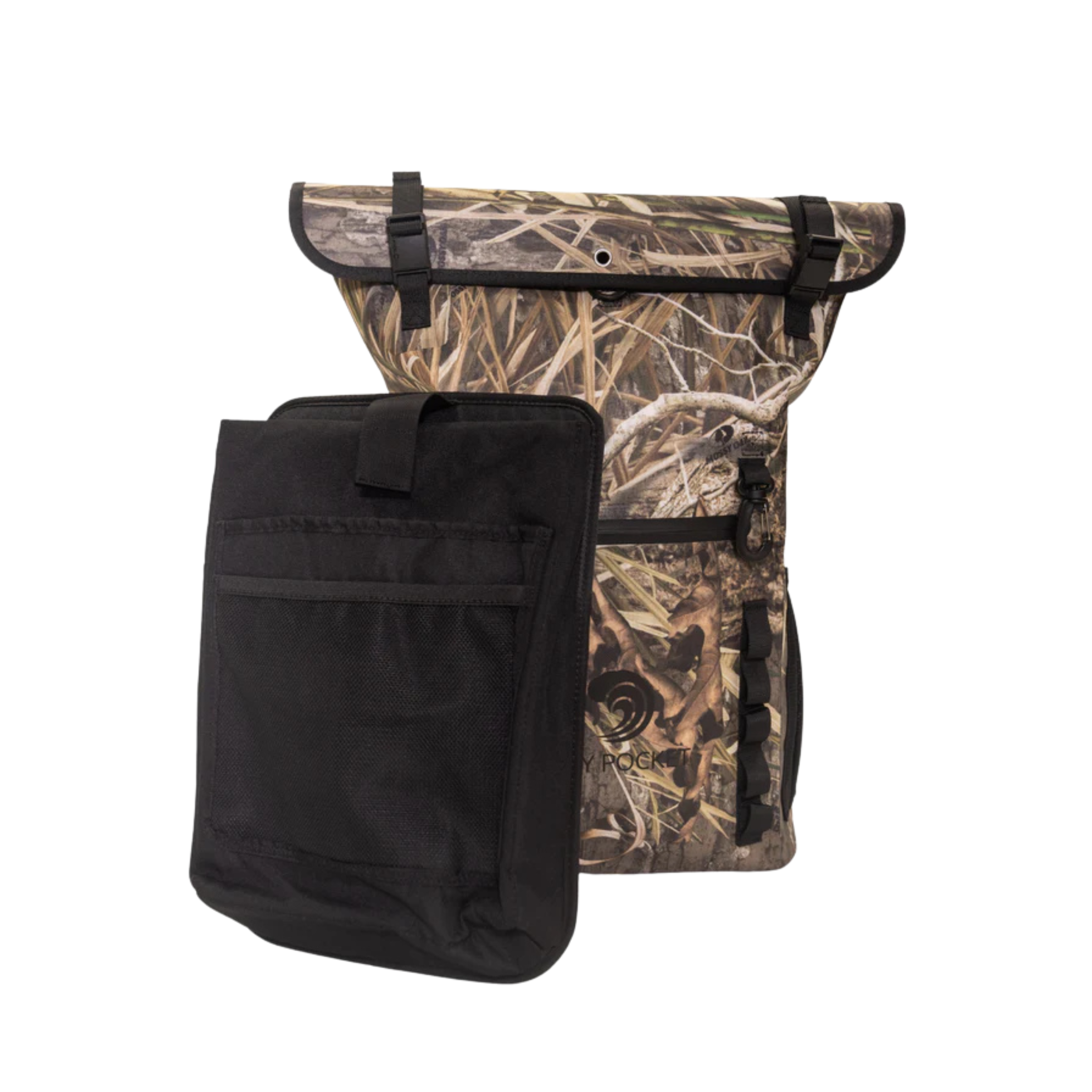 Mossy Oak camo hunting backpack with black organizer pocket, roll-top closure, and gear straps for outdoor use
